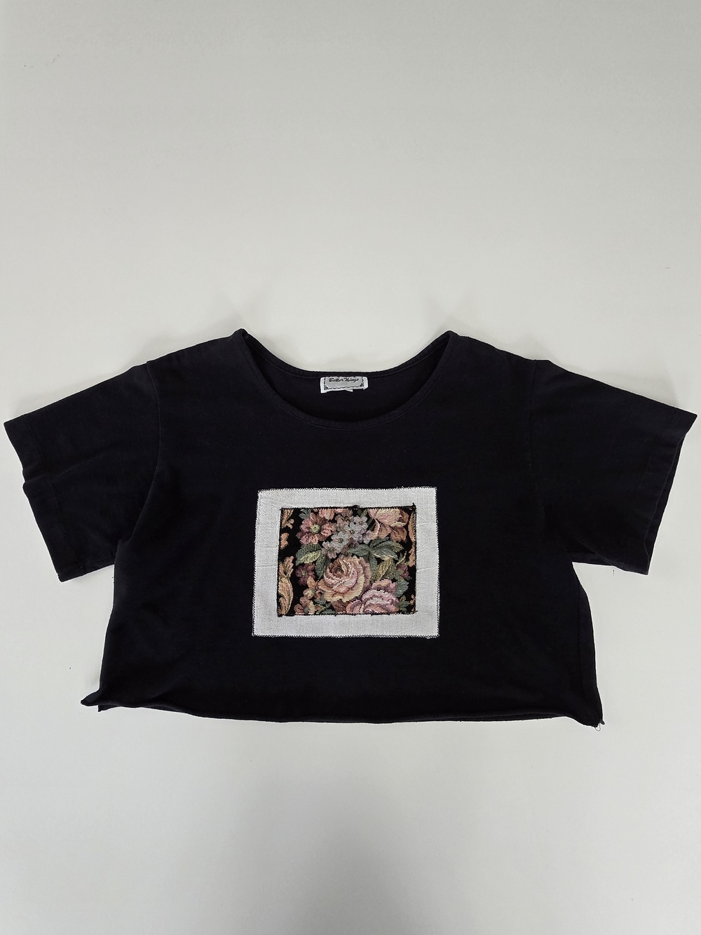 Womens Black Floral Patch Crop Tee